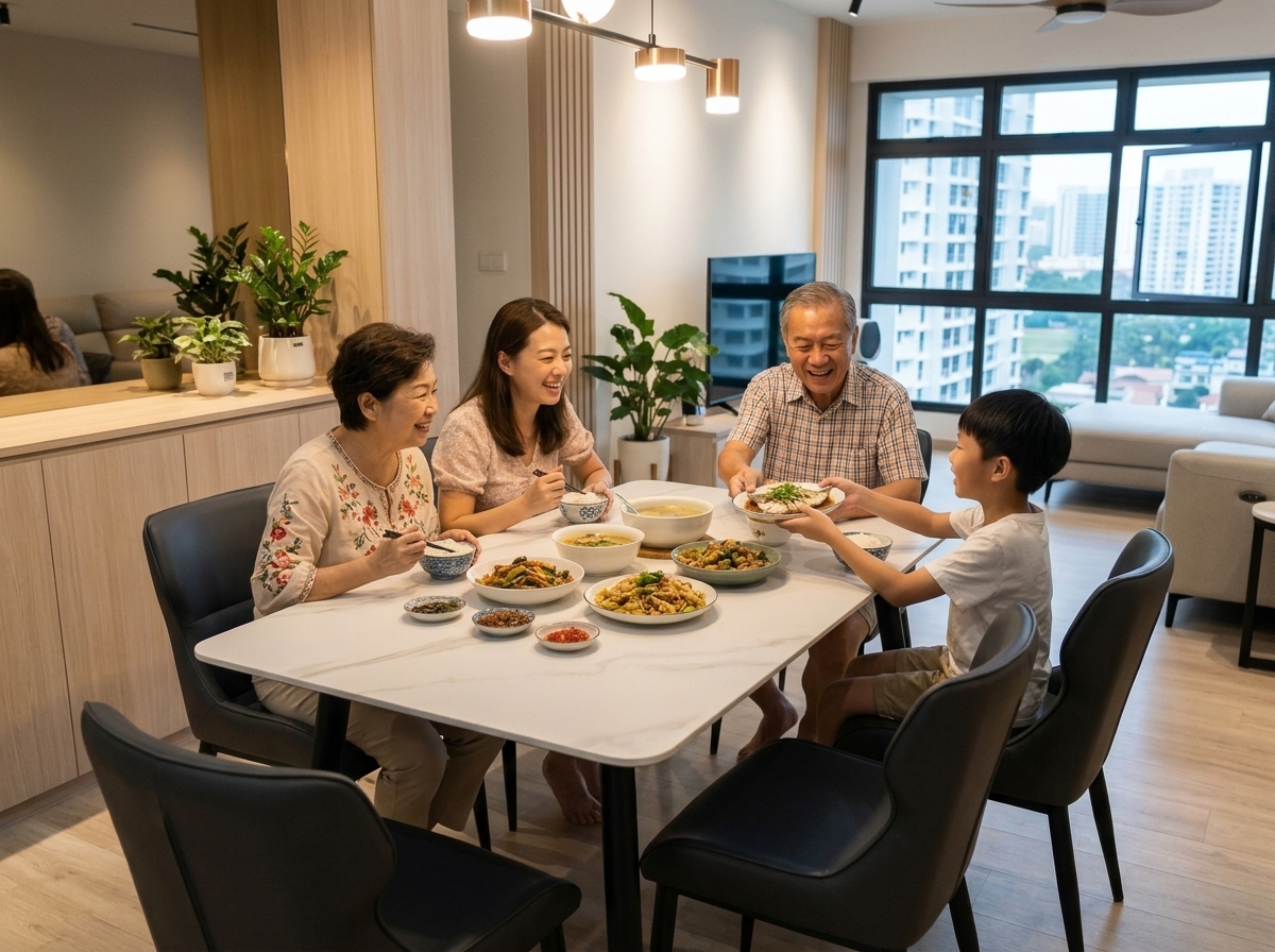 A family sharing a meal at the dining set