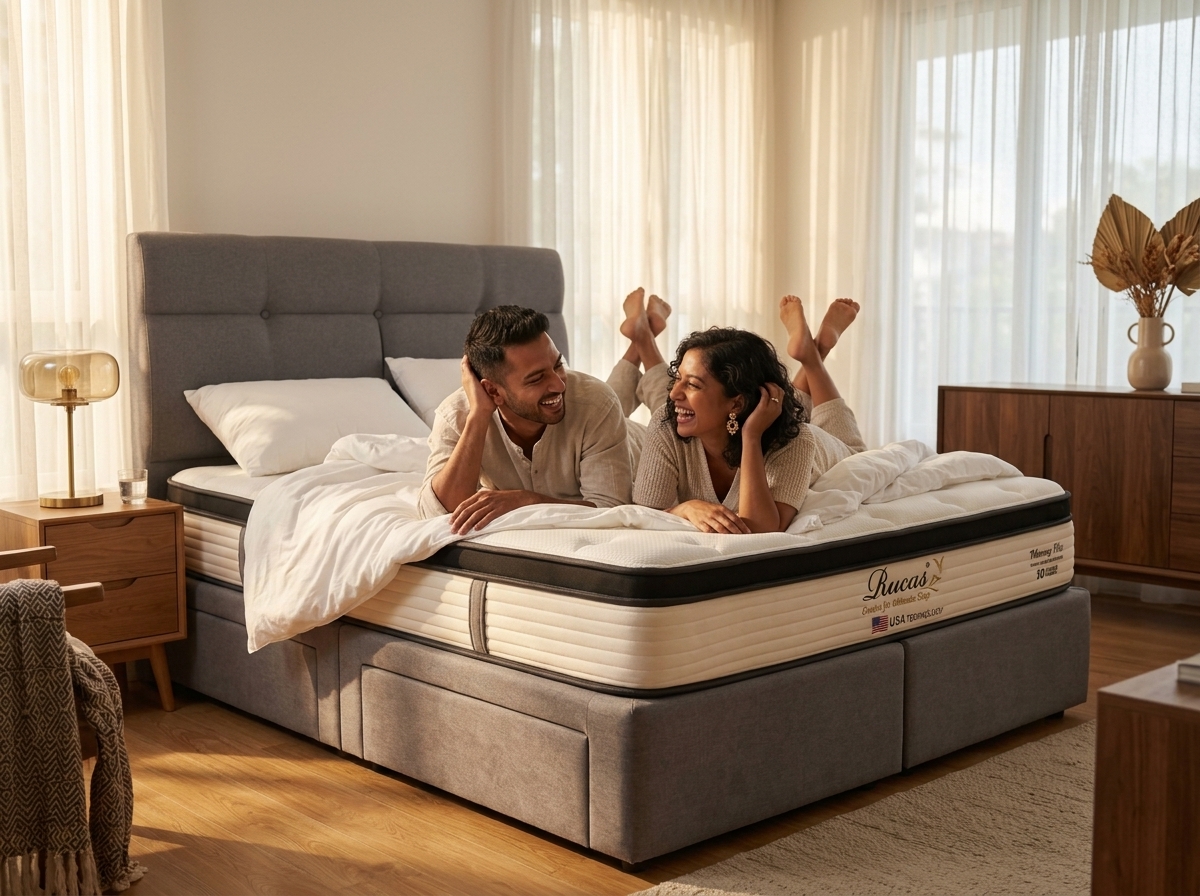 A couple laughing while testing the hotel collection mattress