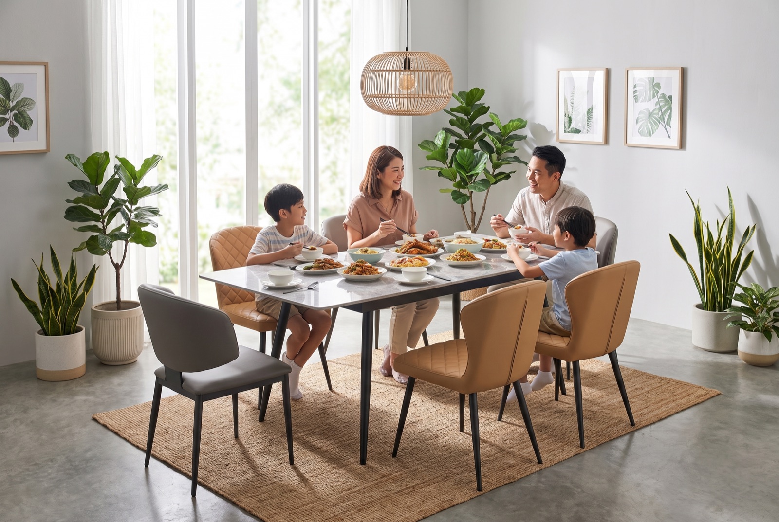 A family sharing a meal at the sintered stone extendable dining set